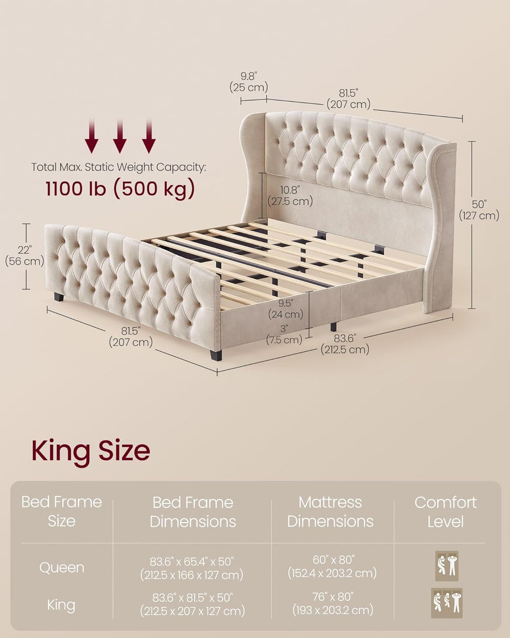 VASAGLE King Platform Bed Frame, Upholstered, Wooden Slats