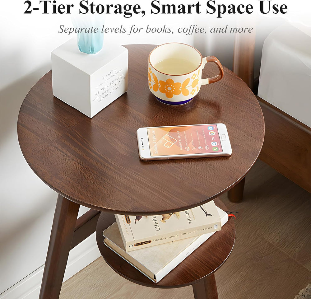 Side Table, 2-Tier Round End Tables Living Room, Mid Century Modern Side Tabl...