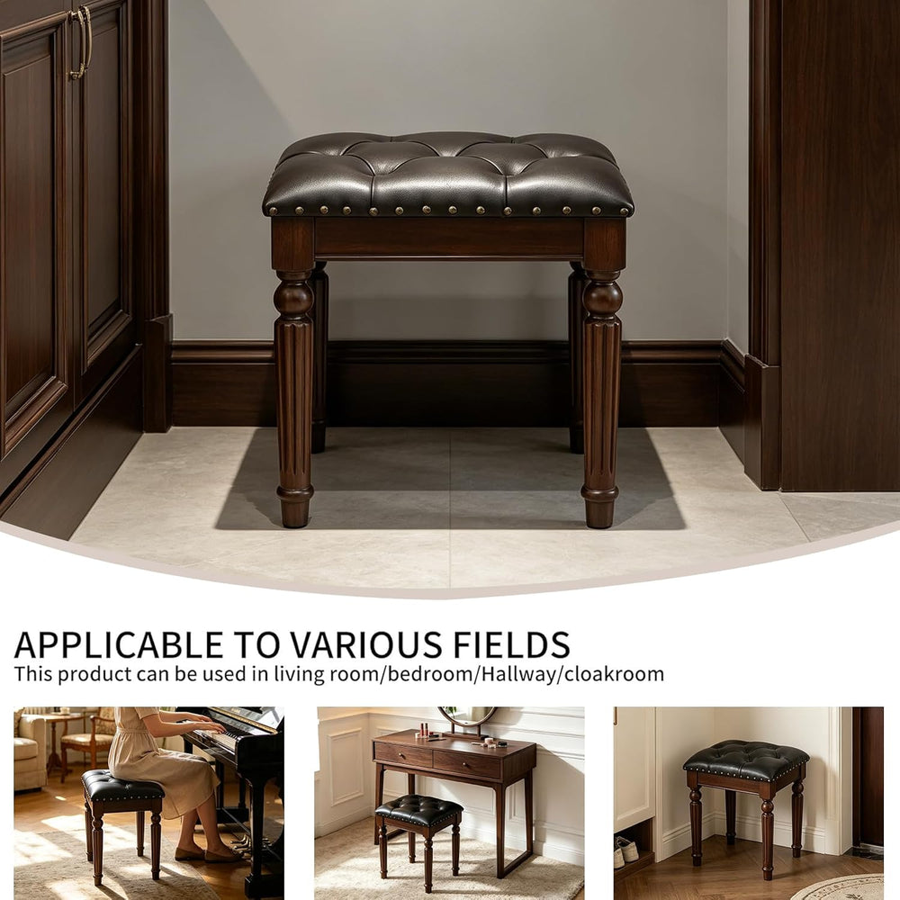 Black Faux Leather Vanity Stool, Backless, Victorian Style | Small Tufted Ben...