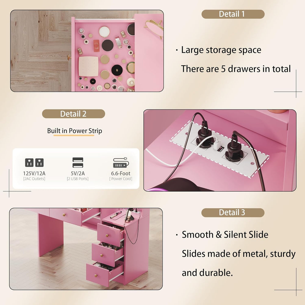 Makeup Vanity with Lights & Charging Station, Pink Vanity Table with 5 Dr...