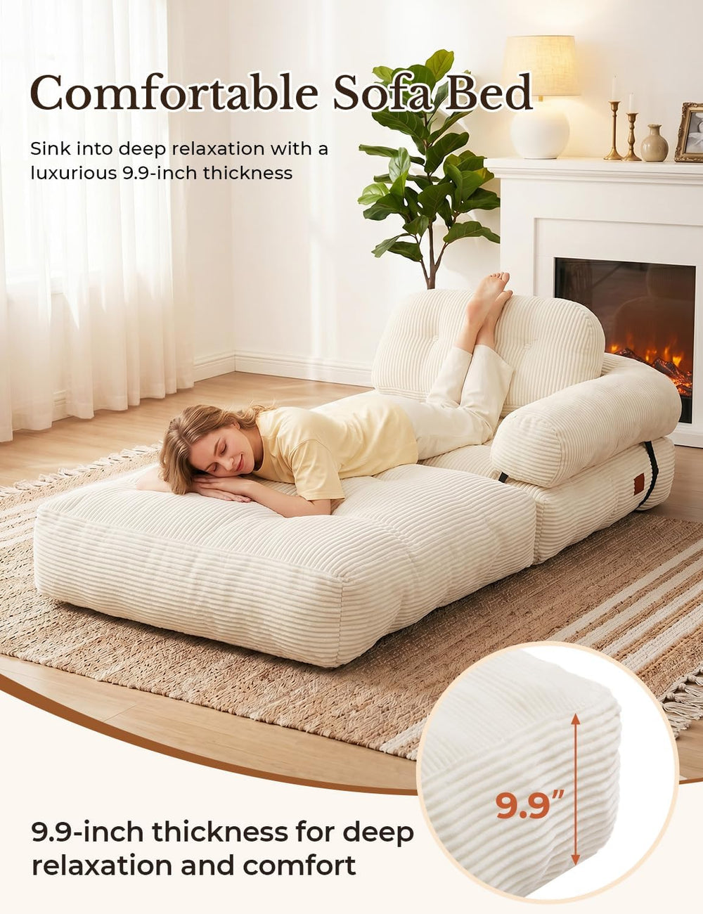 Folding Sofa Bed, L-Shaped Couch Back Support and Arm Pillow Futon | Converti...