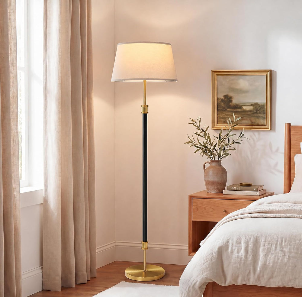 Modern Mid Century Floor Lamp with Soft Linen Shade, 63” Tall Black & Bra...