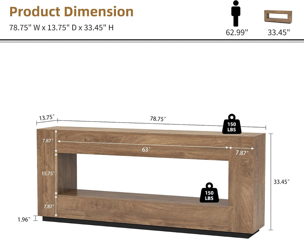 Epecoya 78 Inch 2-Tier Extra Long Console Table, Oak Brown Wood Sofa Table | ...