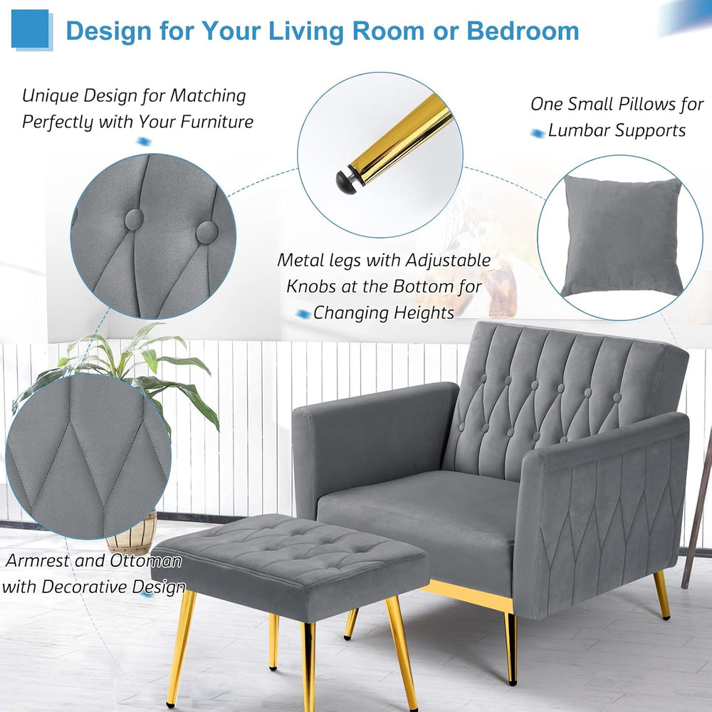 2 Pieces Velvet Sofa Set with Adjustable Armrest and Backrests, Grey