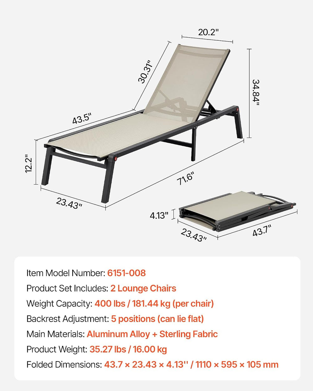 VEVOR Outdoor Chaise Lounge Chair Set of 2, 400 lbs Weight Capacity, Foldable...