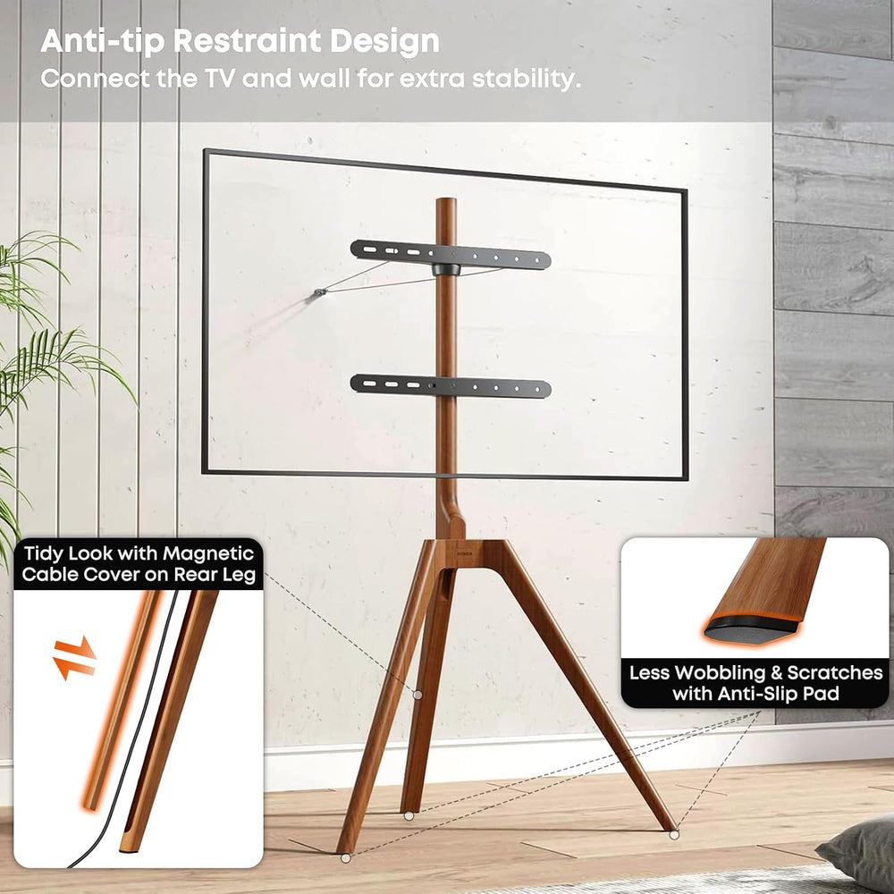 PUTORSEN Solid Wood Easel TV Stand for 45-65'' TVs, Hidden Cable, Wal...