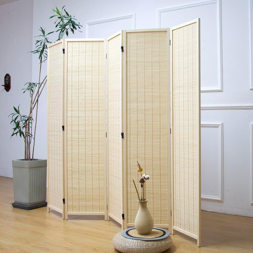 Furnnylane 5 Panel Bamboo Room Divider – 5.6 ft Tall Folding Privacy Screen, ...