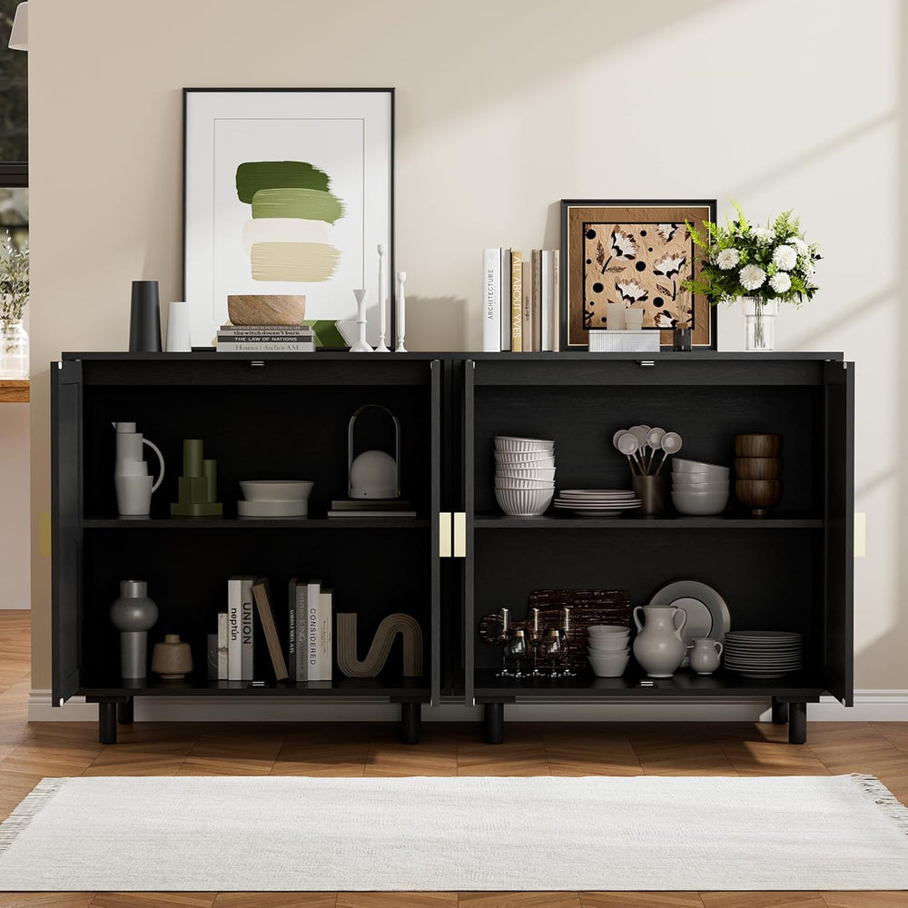 Modern Rattan Storage Sideboard Cabinet, Black Wood Buffet with Magnetic Latc...