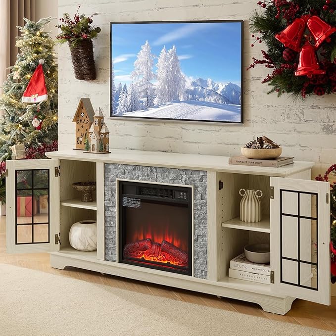 TV Stand with Electric Fireplace & Storage Cabinet, Entertainment Center ...