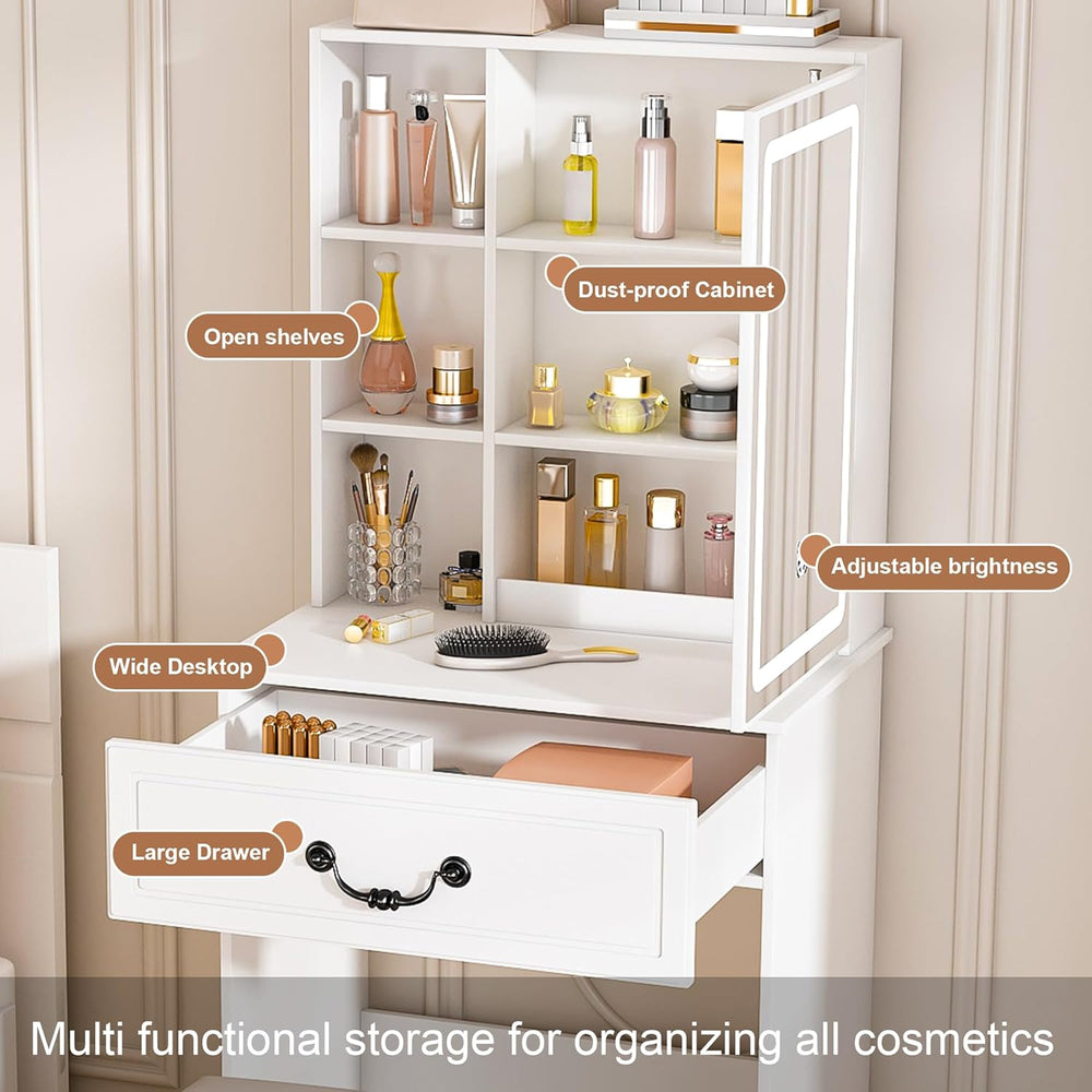 Small Makeup Vanity Desk with Mirror and Lights, Vanity Table Set with Storag...