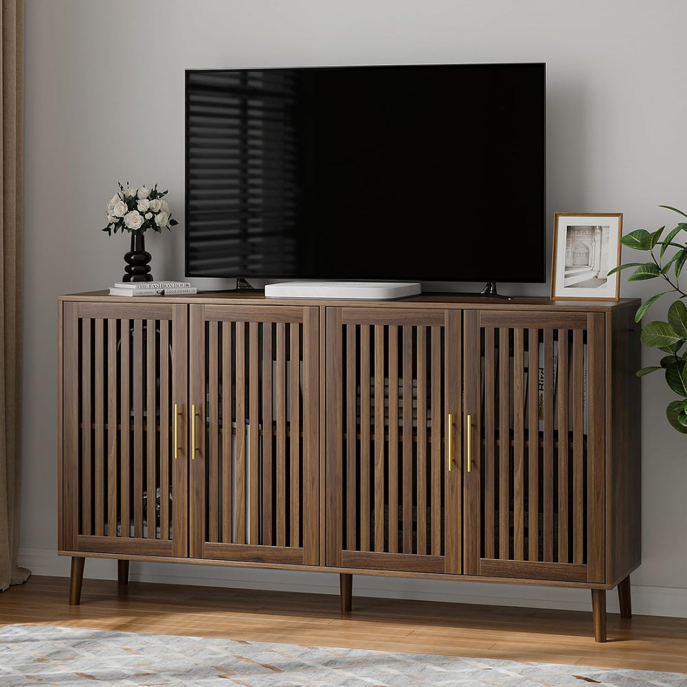 Buffet Cabinet with Storage Walnut Sideboard with Grille Doors&Adjustable...