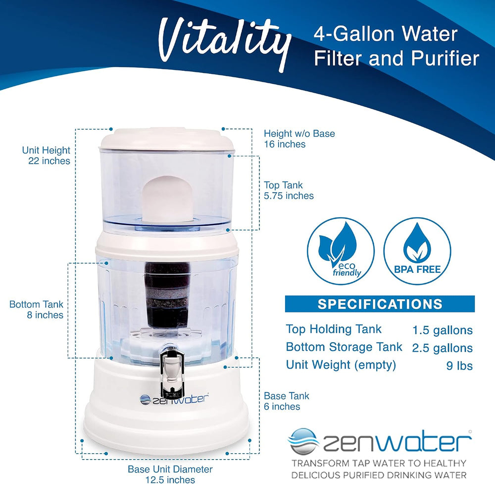 ZENWATER 4-Gallon Countertop Gravity Water Filter System - Portable Alkaline ...