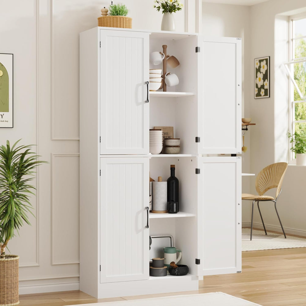 MHOM 71" Tall White Pantry Cabinet, Farmhouse Storage Cabinet with 4 Doo...