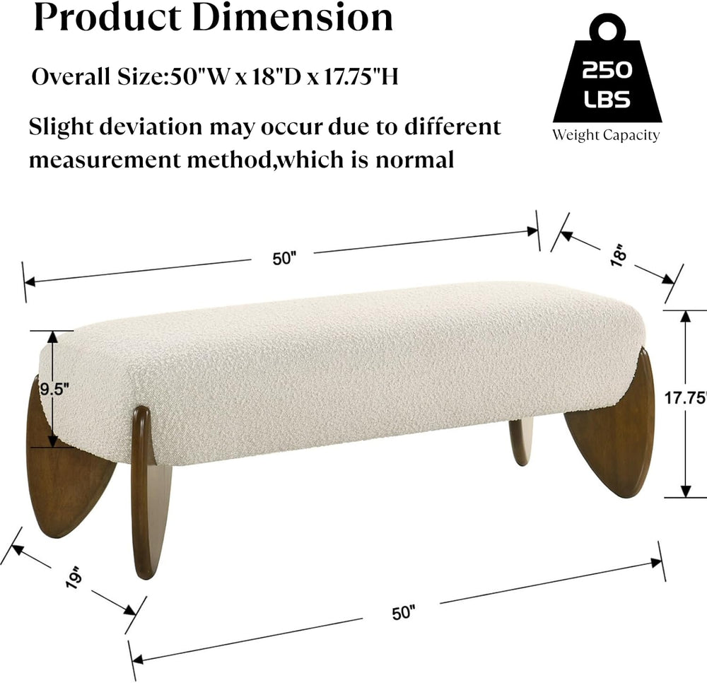 Ya-Home Modern Boucle Bedroom Bench, 50” Upholstered End of Bed Bench with Co...