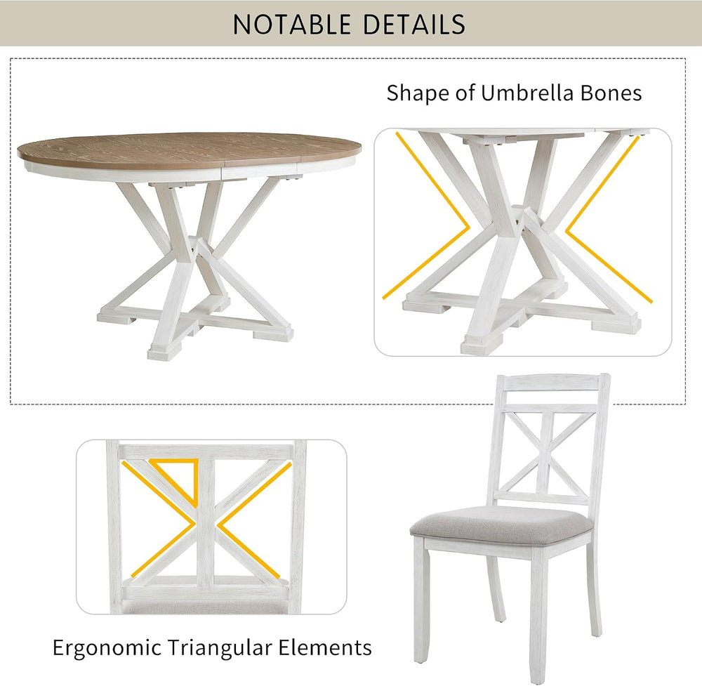 Merax Round Dining Table Set for 4, Farmhouse Kitchen Table Set with Extendab...