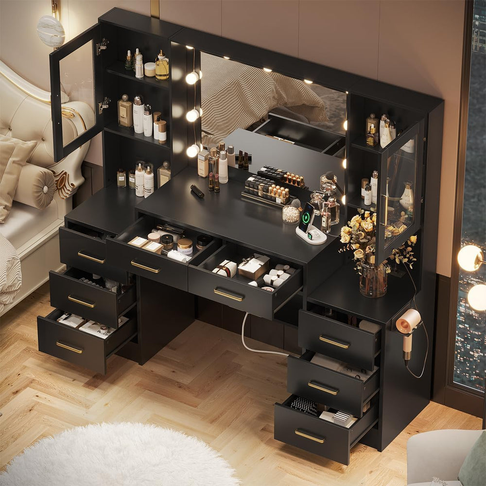Makeup Vanity Desk with Mirror and Lights, 58.3" Makeup Vanity with Ligh...