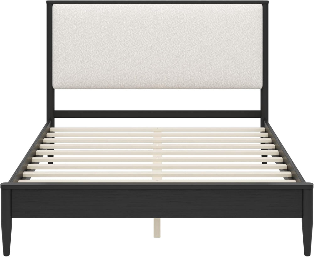 Mid-Century Modern Bed with Boucle Upholstered Headboard,Black:Queen