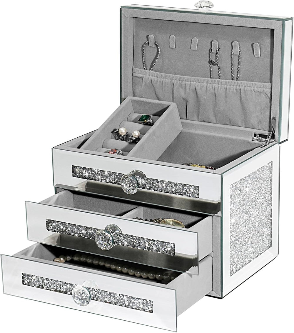 Mirrored Jewelry Box, 3-Layer Glass Jewelry Organizer with Lid & 2 Drawer...