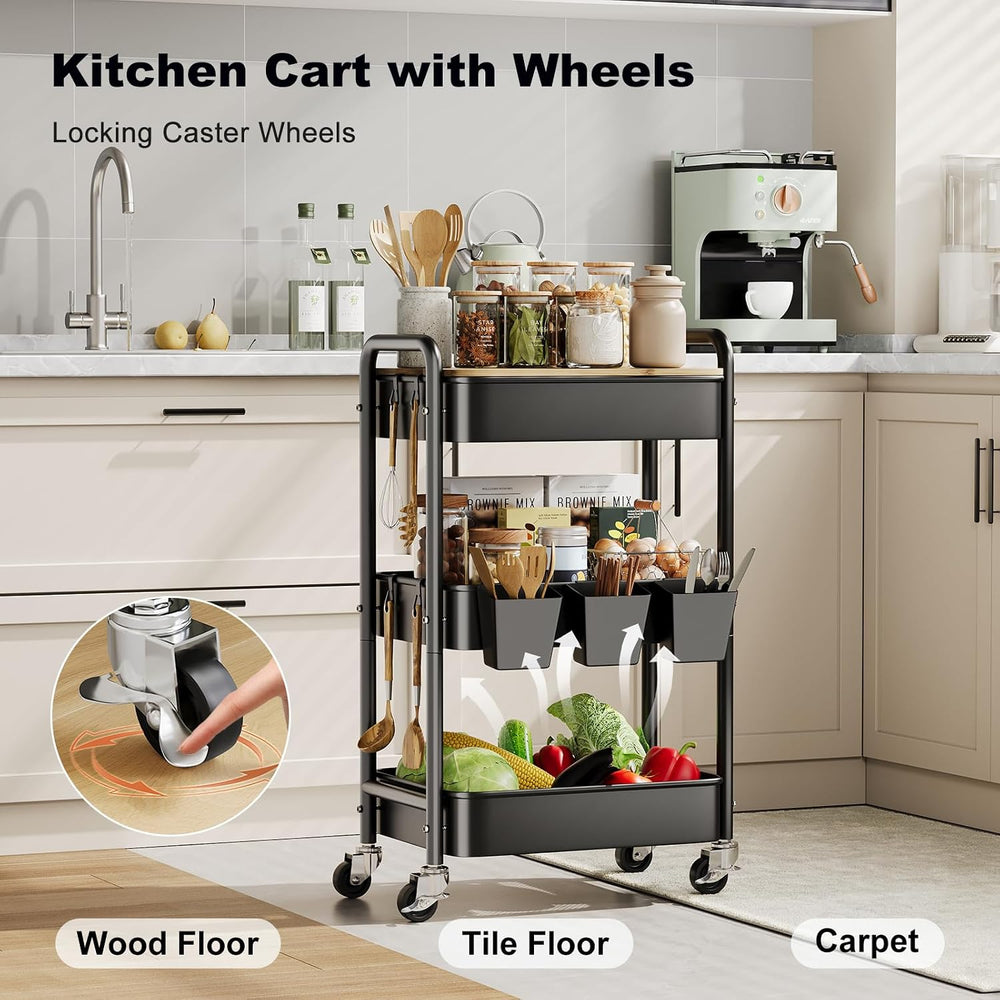 3 Tier Storage Rolling Cart with Wood Table Top on Lockable Wheels(Black)