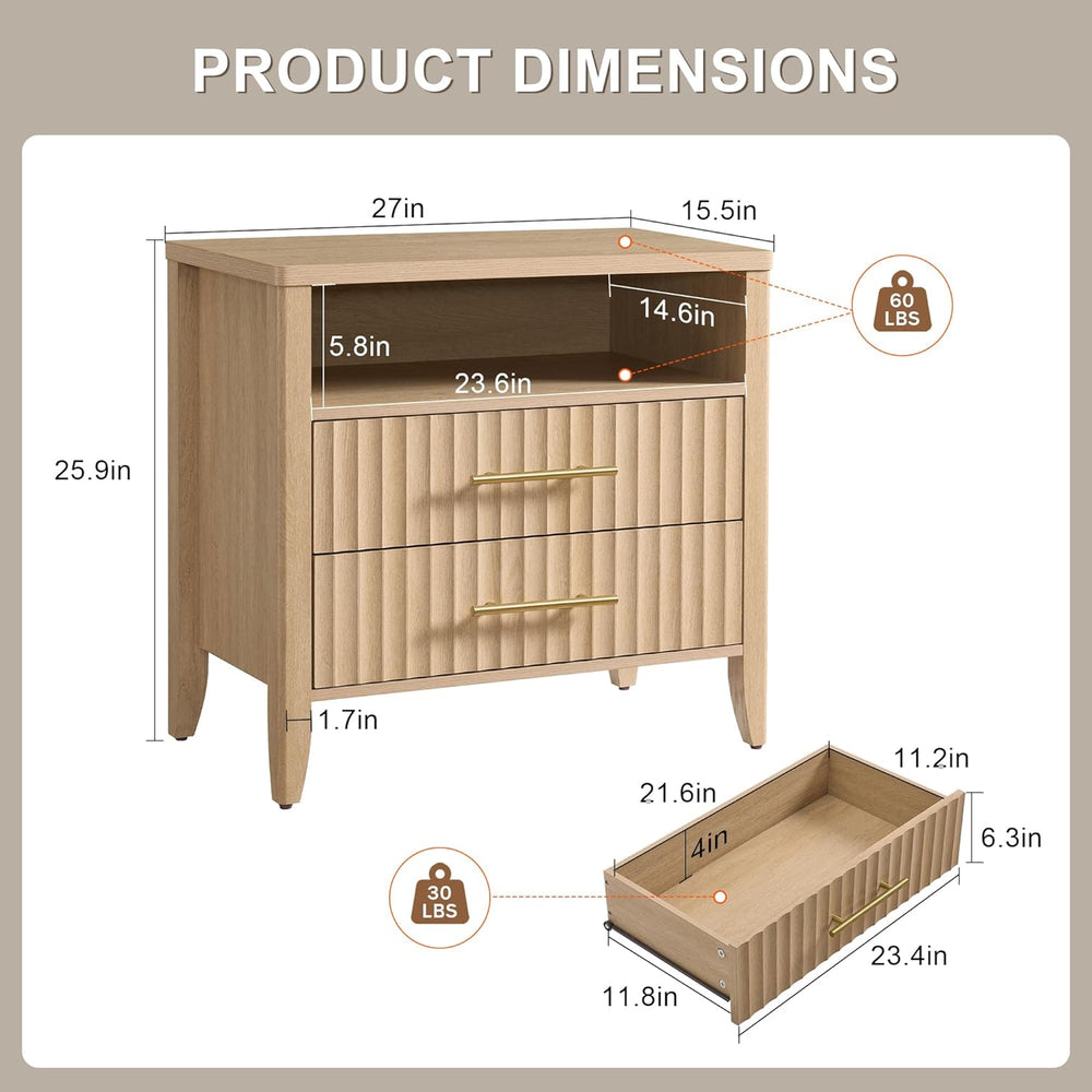 Fluted Nightstand with 2 Drawers, 27" Modern Nightstands Set of 2 with S...
