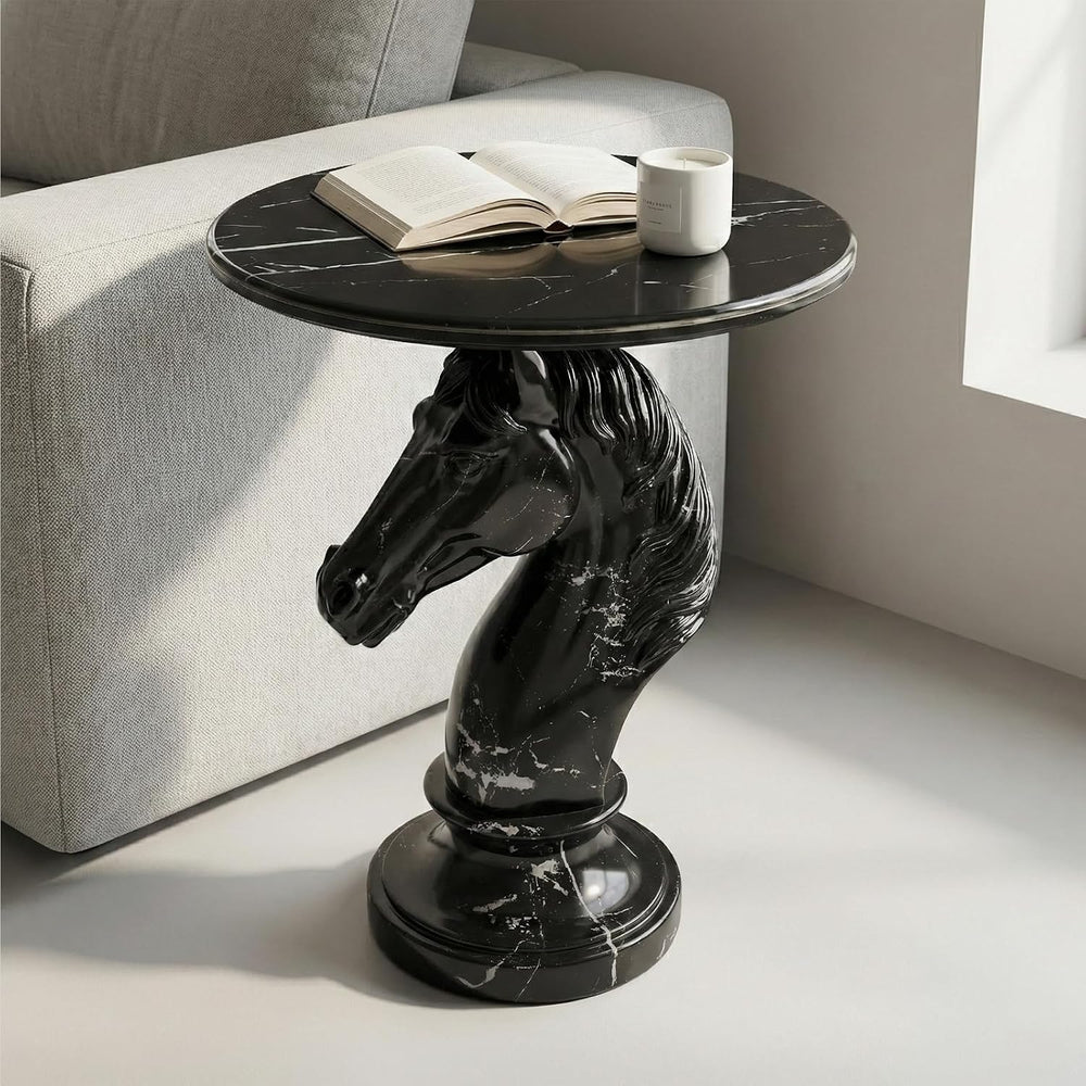 Horse Head Side Table, Faux Marble Round End Table with Resin Sculpture Pedes...