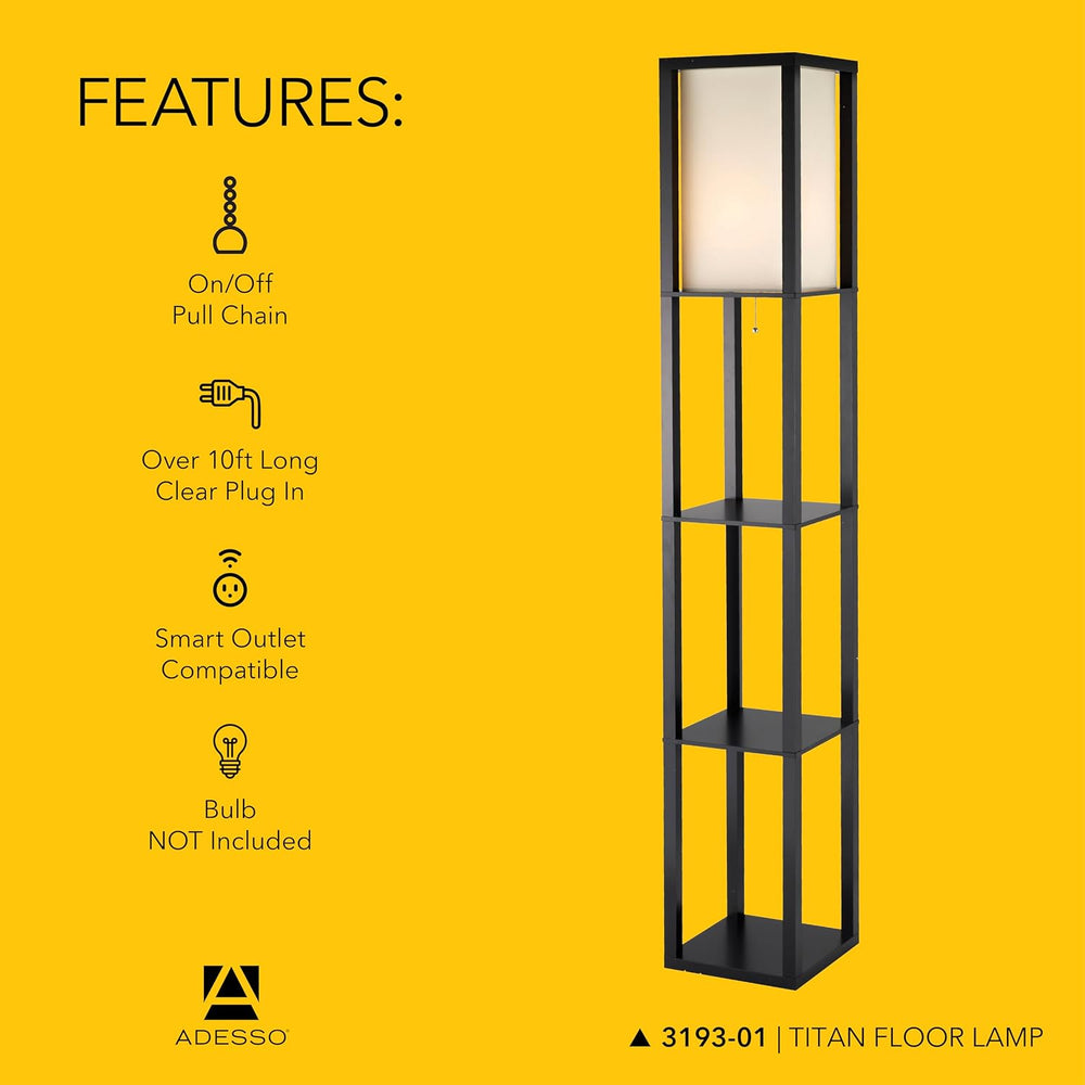 Adesso Shelf Floor Lamp, Black, 3-Tier Storage, Fabric Shade, 72”