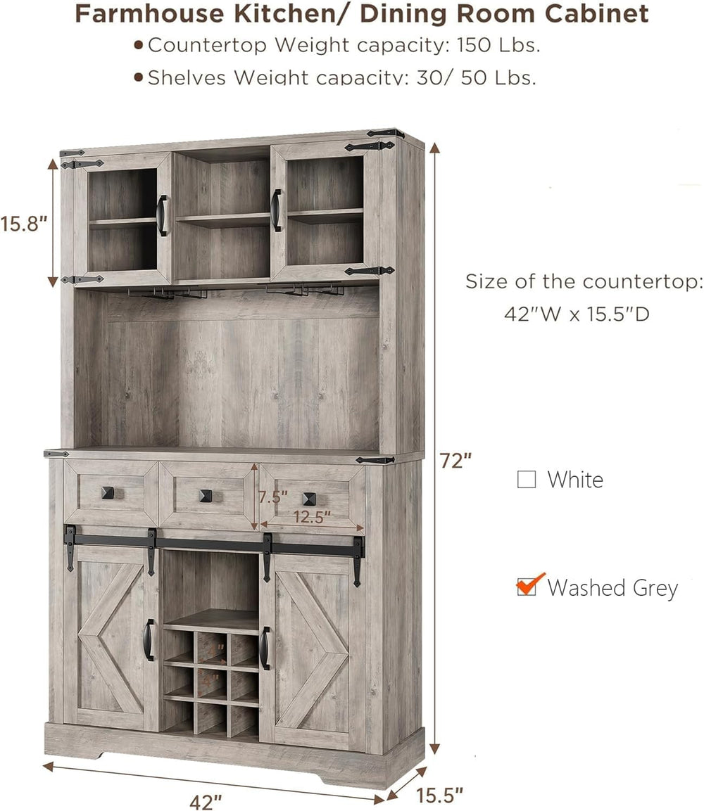 72" Kitchen Pantry Storage Cabinet with Hutch and Sliding Barn Door, Far...