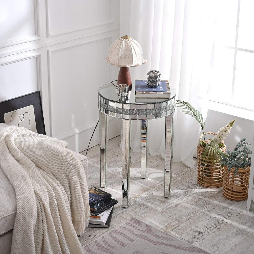 Round Mirror Accent Table with Crushed Diamond Edge Frame, 19.7" Mirrore...