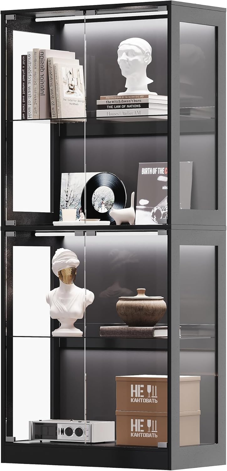 AMERLIFE RGB Display Cabinet with Adjustable Glass Shelves, 4-Tier Storage Ca...