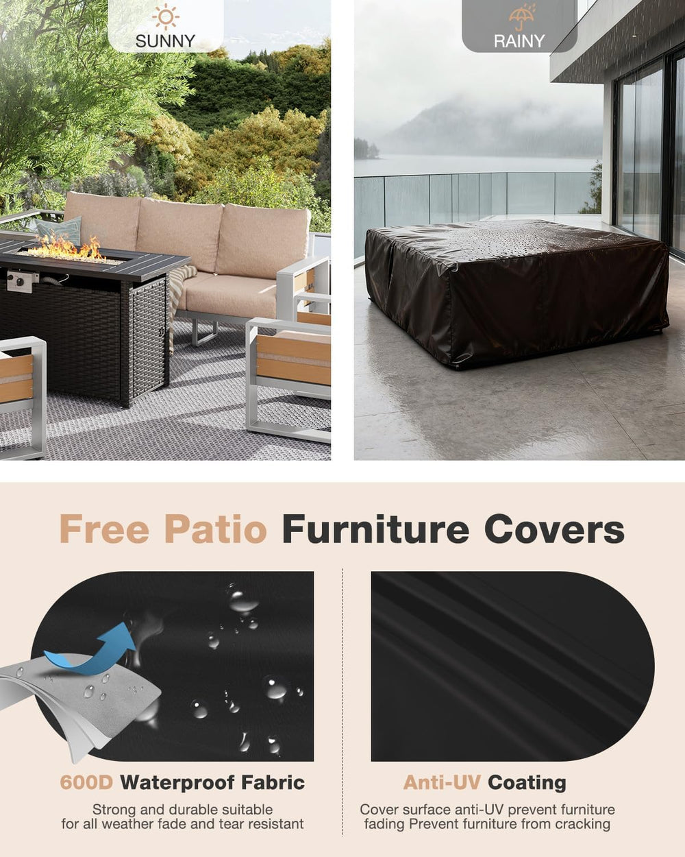 Aoxun Aluminum Patio Furniture Set with Fire Pit Table, 5 Piece Luxury Outdoo...