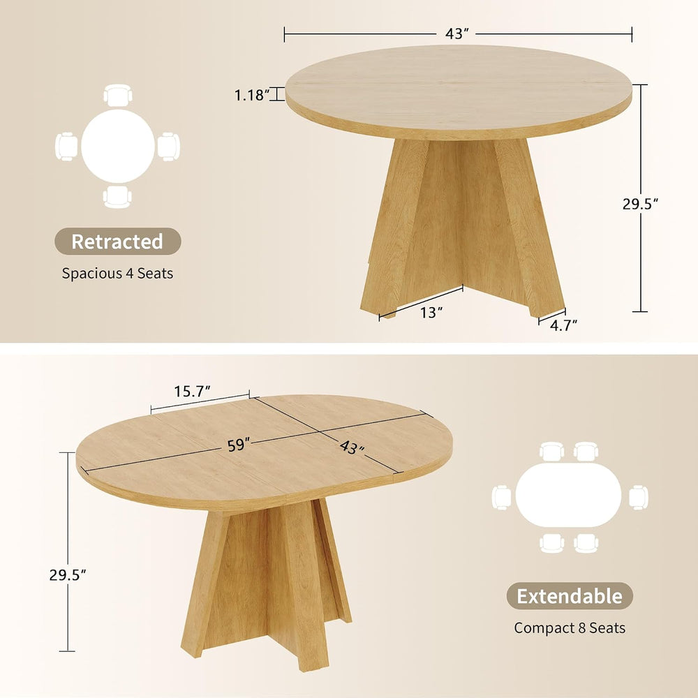 iPormis 43.3in-59in Extendable Round Dining Table for 4-6, Modern Wooden Kitc...