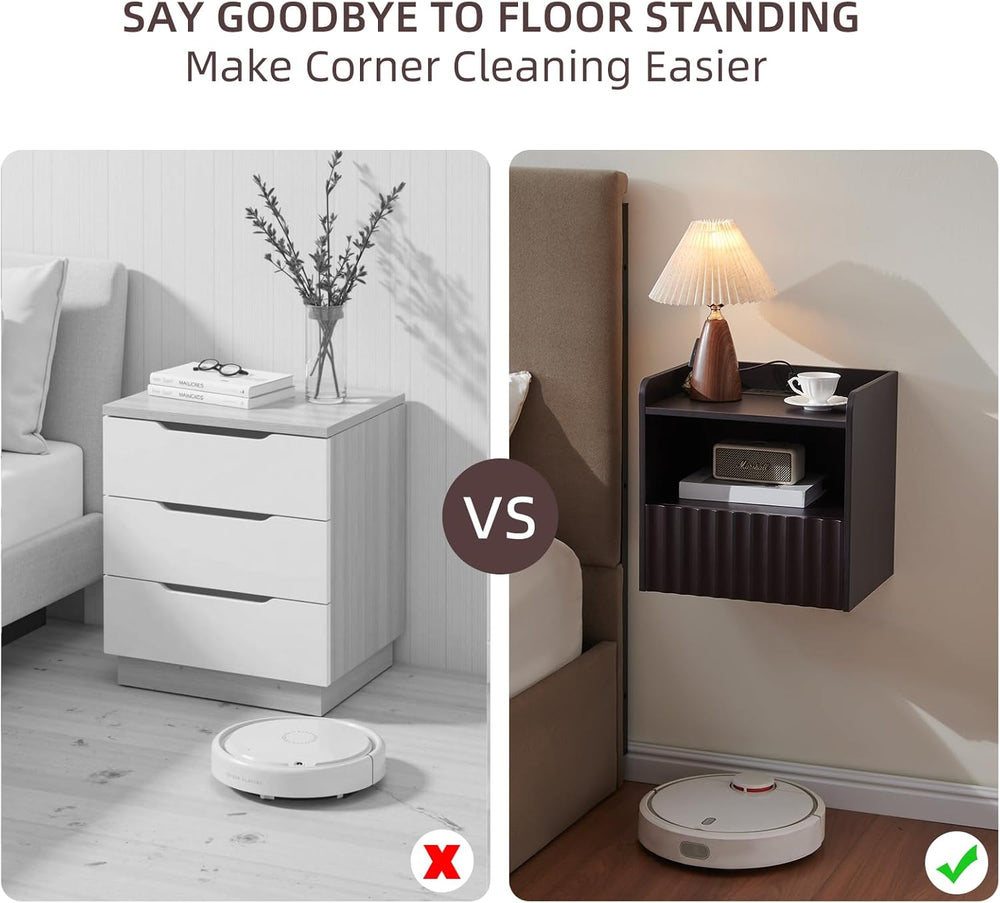 Modern Fluted Floating Nightstand Wall Mounted - Bedside Table with Storage D...