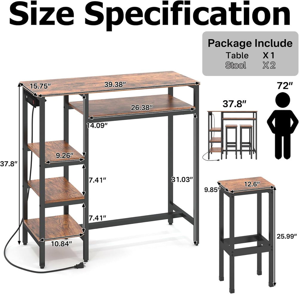 3-Piece Bar Table and Chairs Set,Counter Height Bar Table Set with Power Outl...