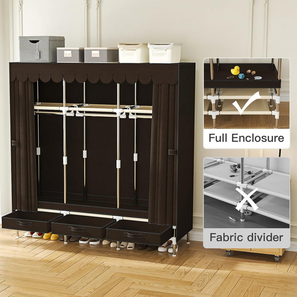 Portable Wardrobe 3 Rods 3 Drawers 3 Compartments Non-Woven Fabric Metal Fram...