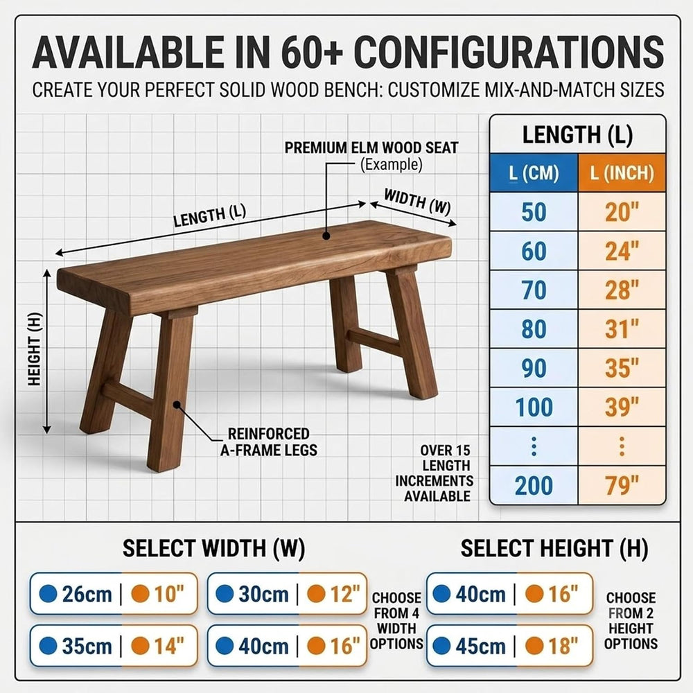 Solid Wood Bench for Entryway, 30" 36" 42" 48" 54" 6...