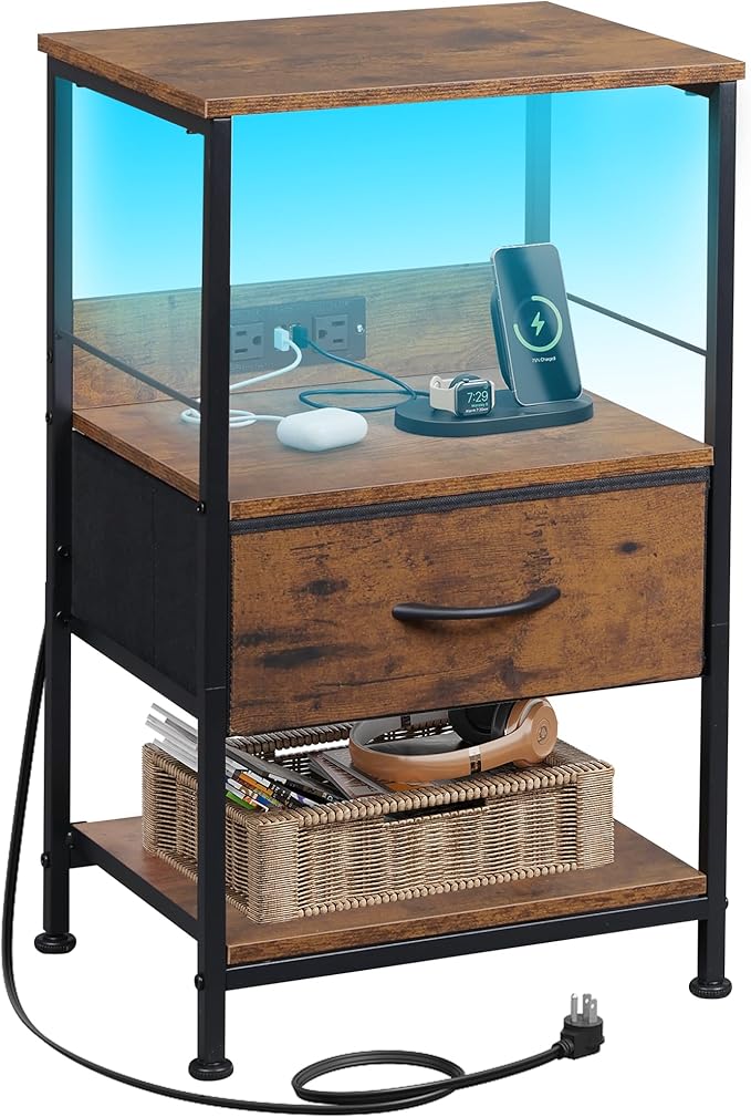 WLIVE Night Stand with Charger Station, LED Nightstand with Adjustable Fabric...