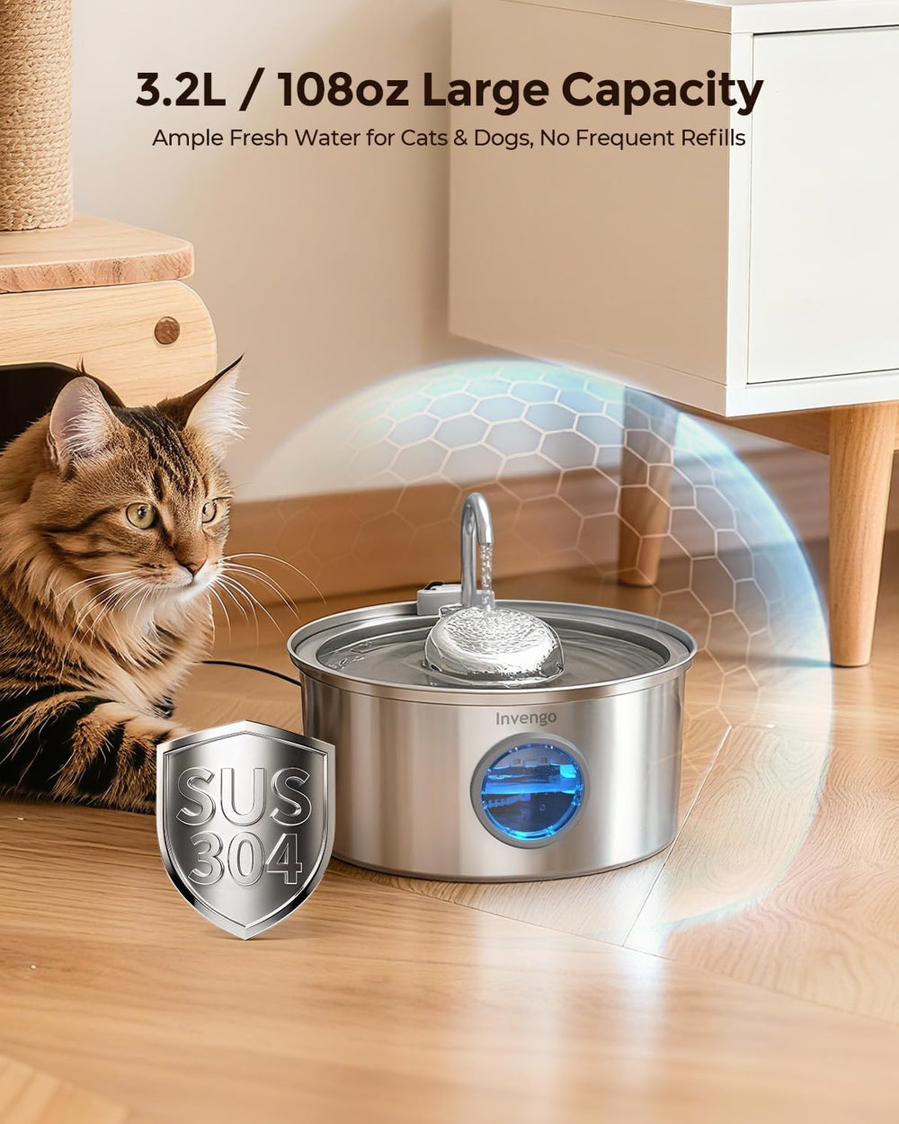 Invengo Cat Water Fountain Stainless Steel 108oz/3.2L Pet Fountain