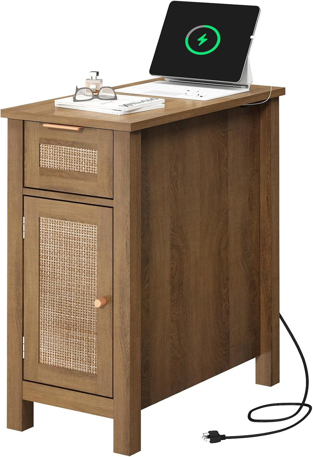 Narrow End Table with Charging Station - Midcentury Rattan Slim Side Table wi...