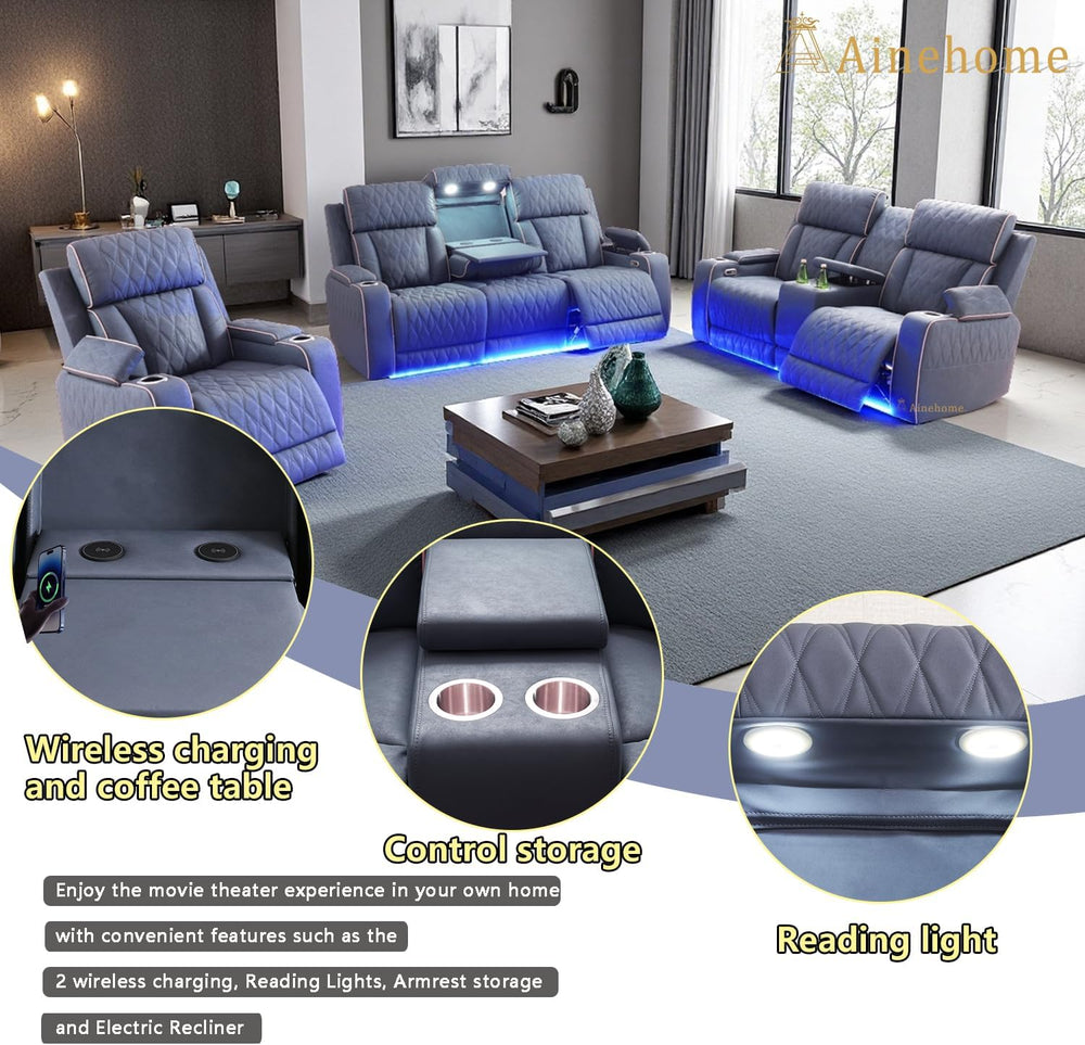 A Ainehome Sanded Leather Power Recliner Sofa Set with LED, 3 Pieces Living R...