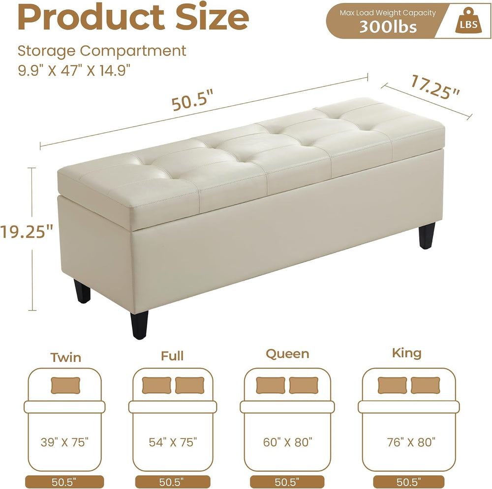 50.5 Inch Storage Ottoman Bench, Faux Leather Tufted Upholstered Bedroom Benc...