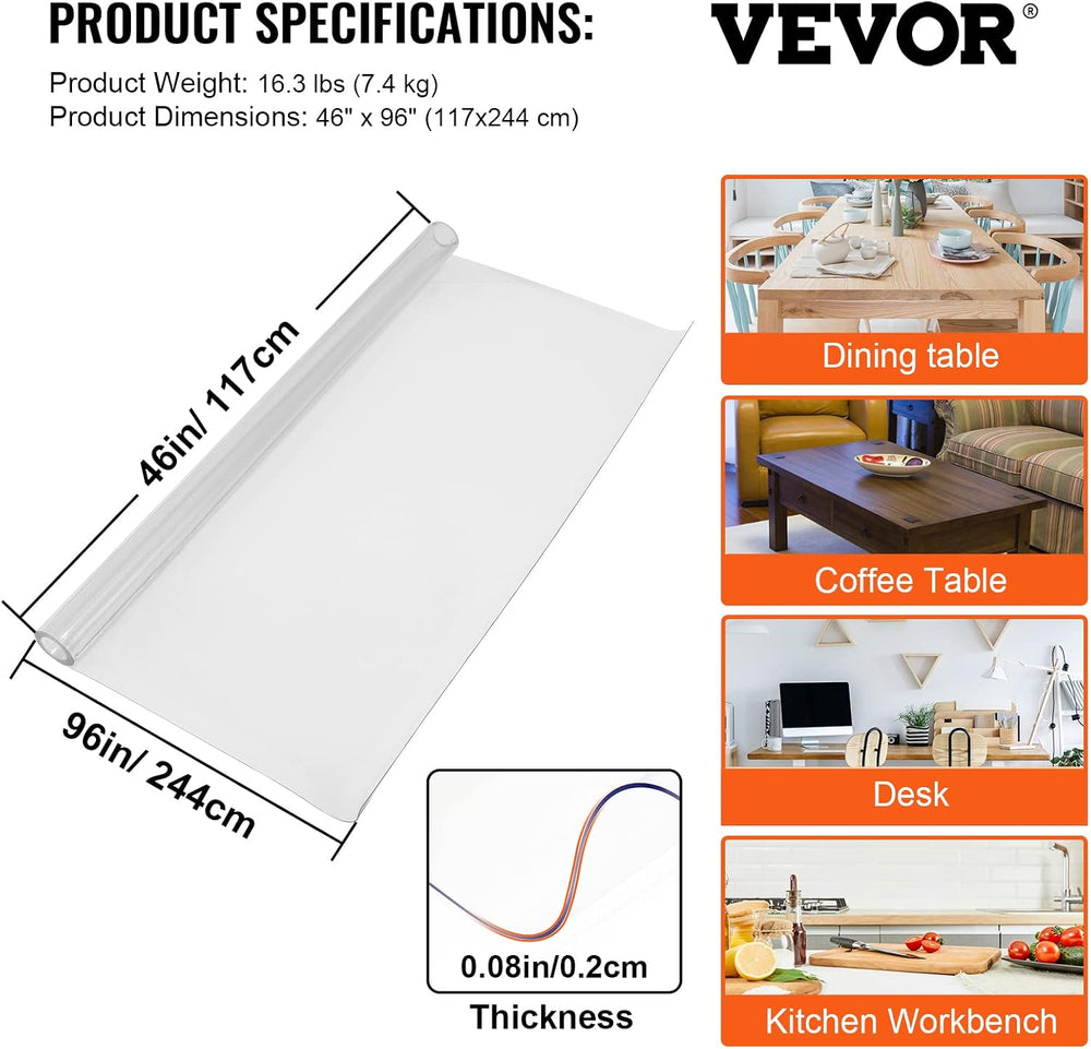 VEVOR Plastic Table Cover, 96 x 46 Inch 2.0mm, PVC Thick Clear Desk Protector...