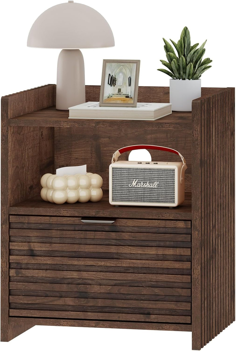 BON AUGURE Fluted Nightstand with Drawer and Storage Shelf, Modern Wood Bedsi...