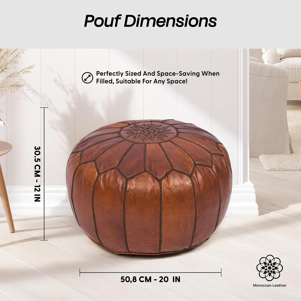 Moroccan Leather Handmade Pouf Ottoman Cover, Unstuffed Foot Stool, Round Boh...