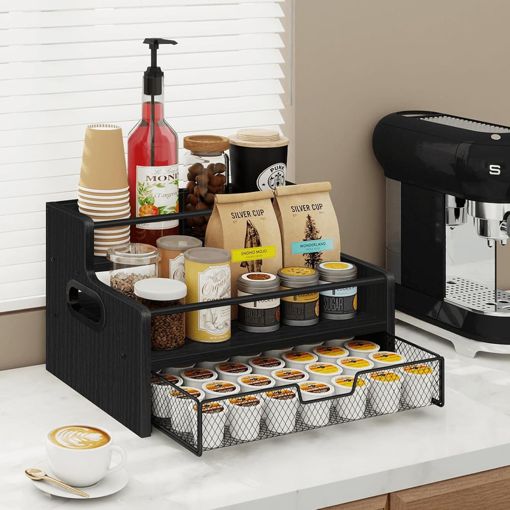 Homode 3-Tier Coffee Bar Organizer, 8 Bottle Syrup Stand, Black | 35 Coffee P...