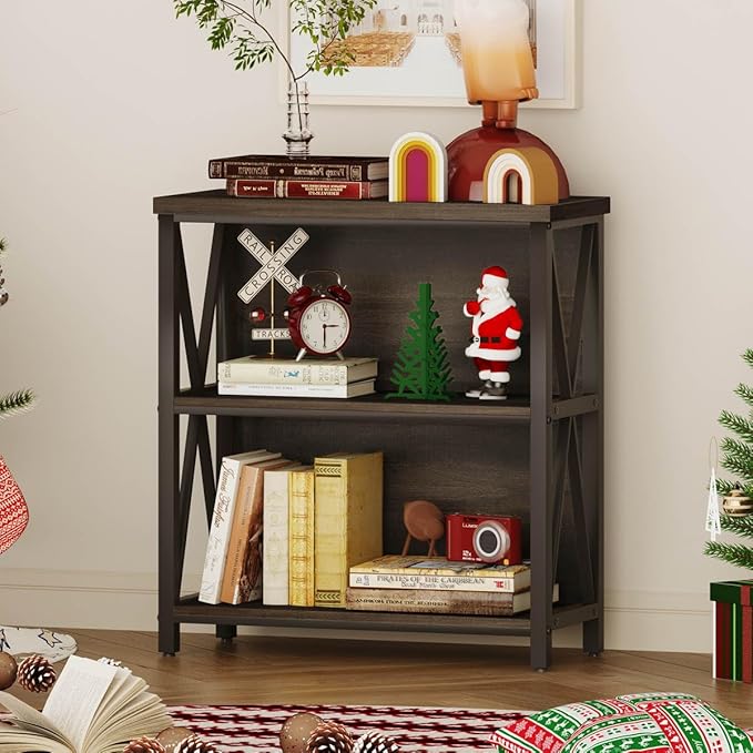 FATORRI Rustic Small 3 Shelf Bookshelf for Living Room, Industrial Low Wood B...