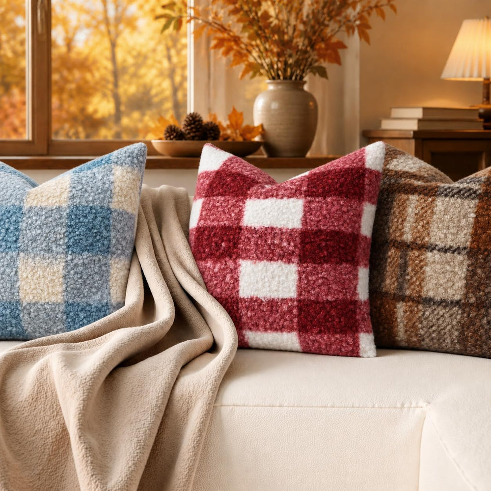decorUhome Faux Fur Plaid Throw Pillow Covers 24X24 Set of 2 Dusty Blue