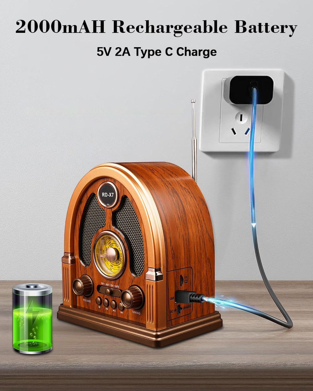 Portable Vintage AM/FM/SW Radio with Bluetooth Speaker, Retro Design