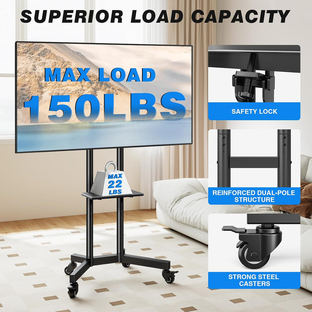 Rolling TV Stand with Shelf for 32-85 inch TVs up to 150lbs, Portable Mobile ...