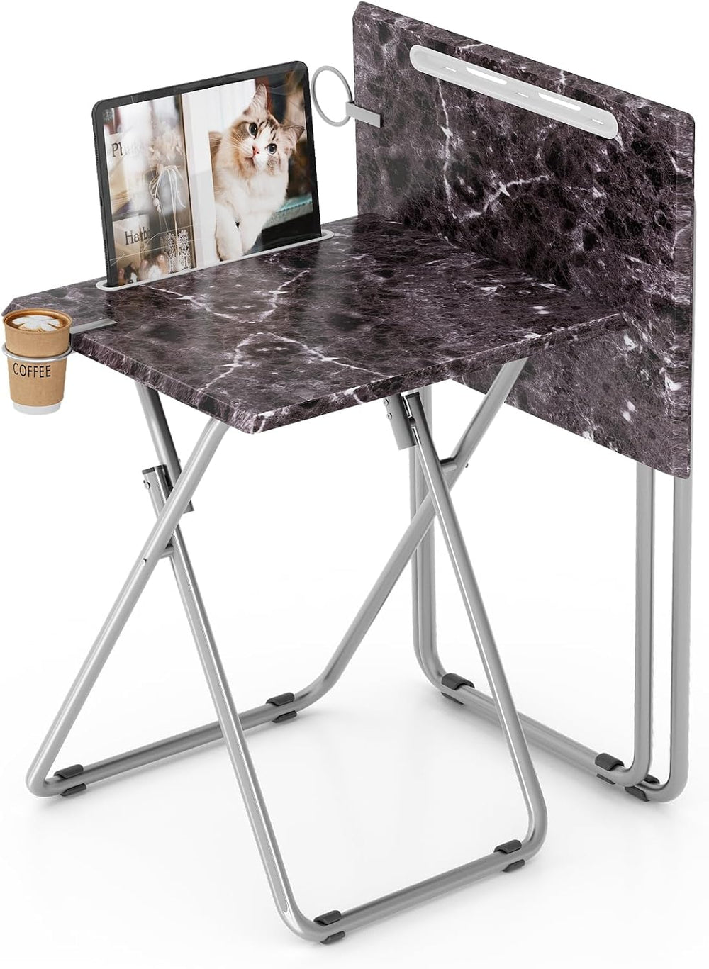 Folding TV Tray Table with Cup Holder, TV Dinner Table with Sturdy MDF Top, E...