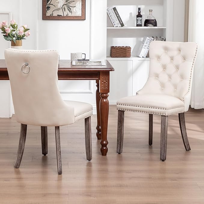 Velvet Dining Chairs Set of 2, Tufted Dining Room Chairs with Nailhead Ring P...